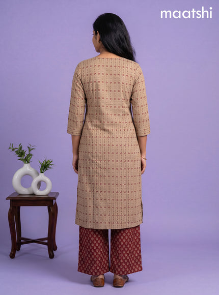 Beige and Maroon Cotton Printed Embroidery Work Salwar Suits
