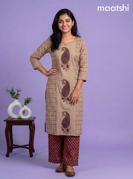 Beige and Maroon Cotton Printed Embroidery Work Salwar Suits