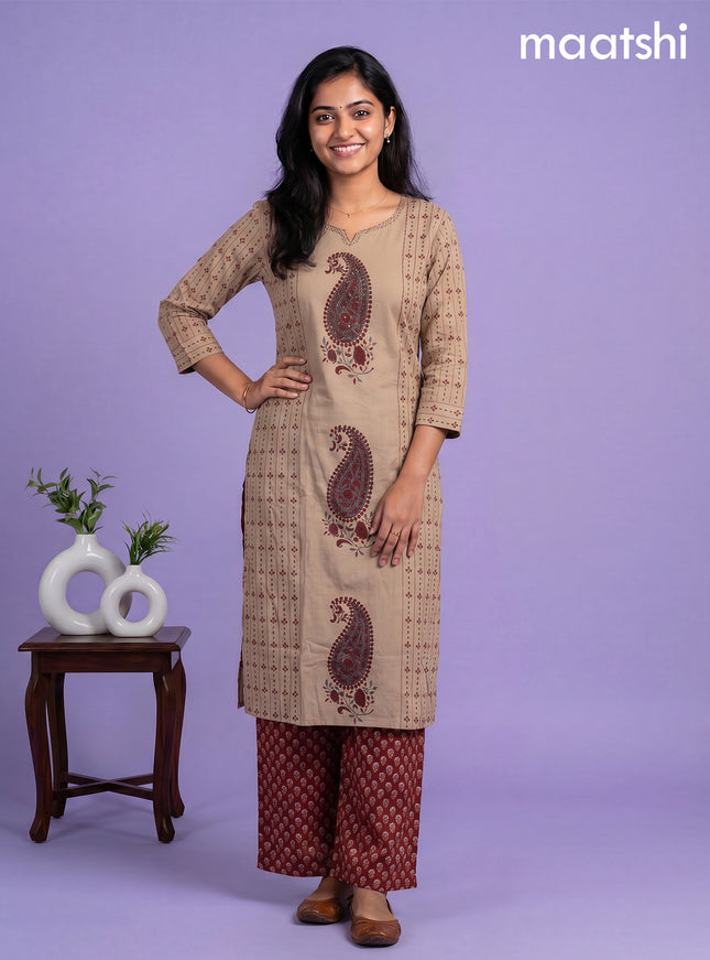 Beige and Maroon Cotton Printed Embroidery Work Salwar Suits