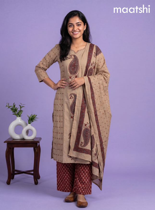 Beige and Maroon Cotton Printed Embroidery Work Salwar Suits