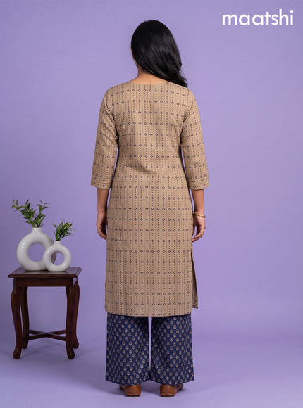 Beige and Blue Cotton Printed Embroidery Work Salwar Suits