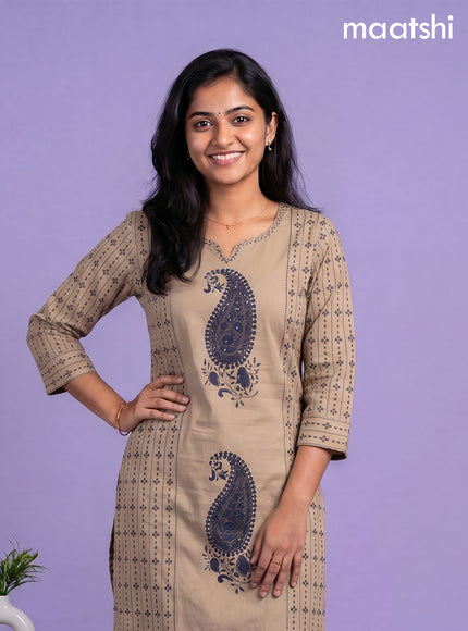 Beige and Blue Cotton Printed Embroidery Work Salwar Suits