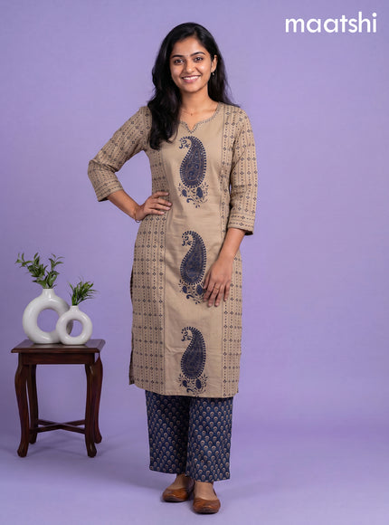 Beige and Blue Cotton Printed Embroidery Work Salwar Suits