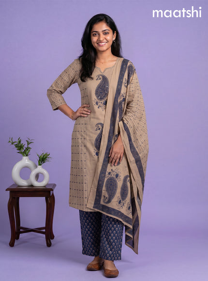 Beige and Blue Cotton Printed Embroidery Work Salwar Suits