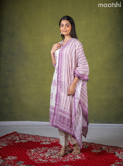 Linen cotton salwar suit cream and purple with butta prints & mirror sequin work v neck pattern and straight cut pant & dupatta