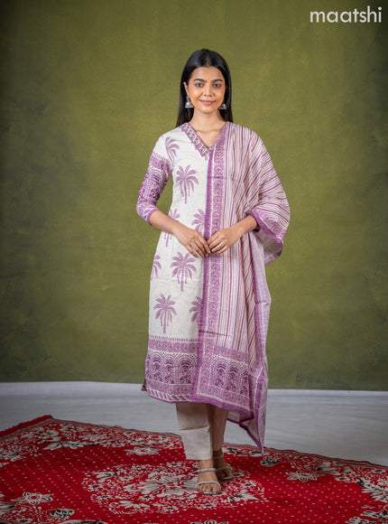 Linen cotton salwar suit cream and purple with butta prints & mirror sequin work v neck pattern and straight cut pant & dupatta