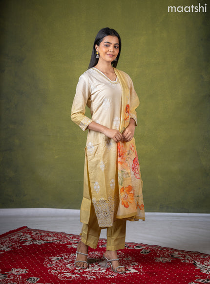 Cotton salwar suit cream and pale yellow with embroidery work buttas & sequin lace work neck pattern and straight cut pant & dupatta