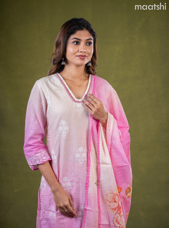 Cotton salwar suit cream and pink with embroidery work buttas & sequin lace work neck pattern and straight cut pant & dupatta