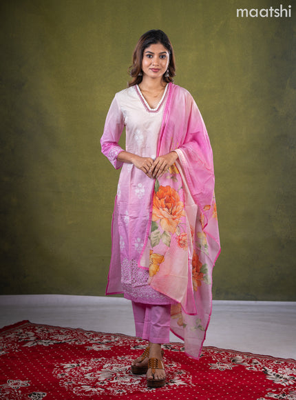 Cotton salwar suit cream and pink with embroidery work buttas & sequin lace work neck pattern and straight cut pant & dupatta