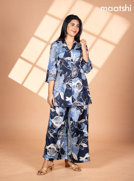 Crepe silk co-ord set navy blue and cream with allover floral prints & collar neck pattern and semi palazzo pant