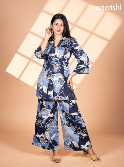 Crepe silk co-ord set navy blue and cream with allover floral prints & collar neck pattern and semi palazzo pant