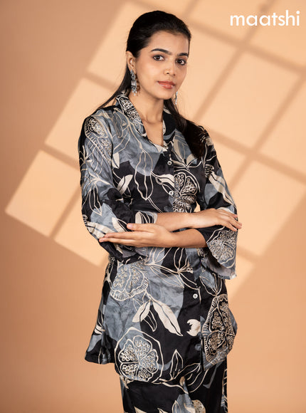 Crepe silk co-ord set black and grey cream with allover floral prints & collar neck pattern and semi palazzo pant