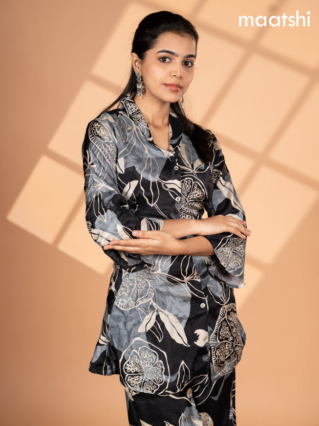 Crepe silk co-ord set black and grey cream with allover floral prints & collar neck pattern and semi palazzo pant