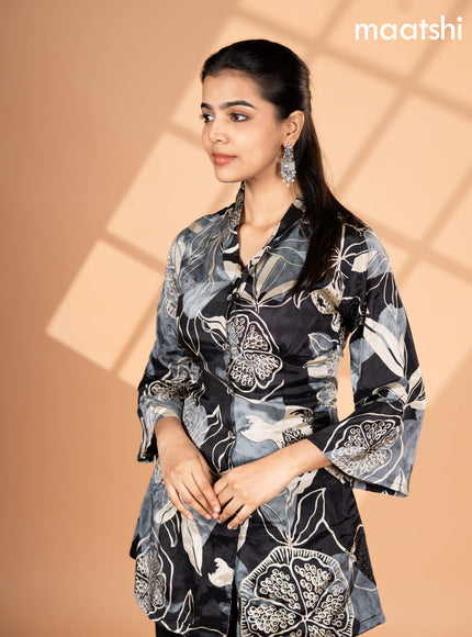 Crepe silk co-ord set black and grey cream with allover floral prints & collar neck pattern and semi palazzo pant