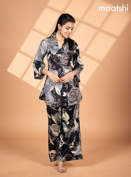 Crepe silk co-ord set black and grey cream with allover floral prints & collar neck pattern and semi palazzo pant