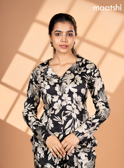 Crepe silk co-ord set black and cream with allover floral prints & collar neck pattern and semi palazzo pant
