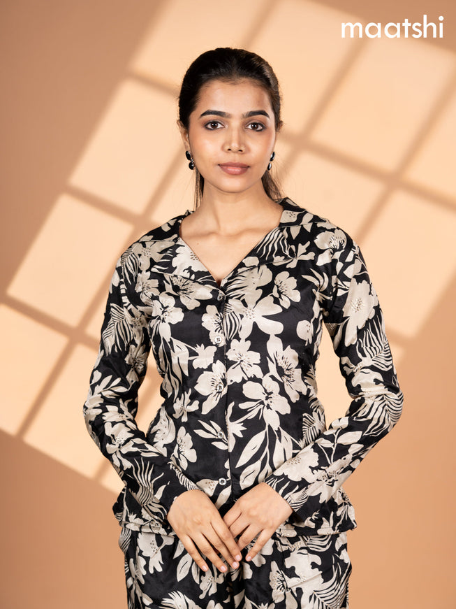 Crepe silk co-ord set black and cream with allover floral prints & collar neck pattern and semi palazzo pant