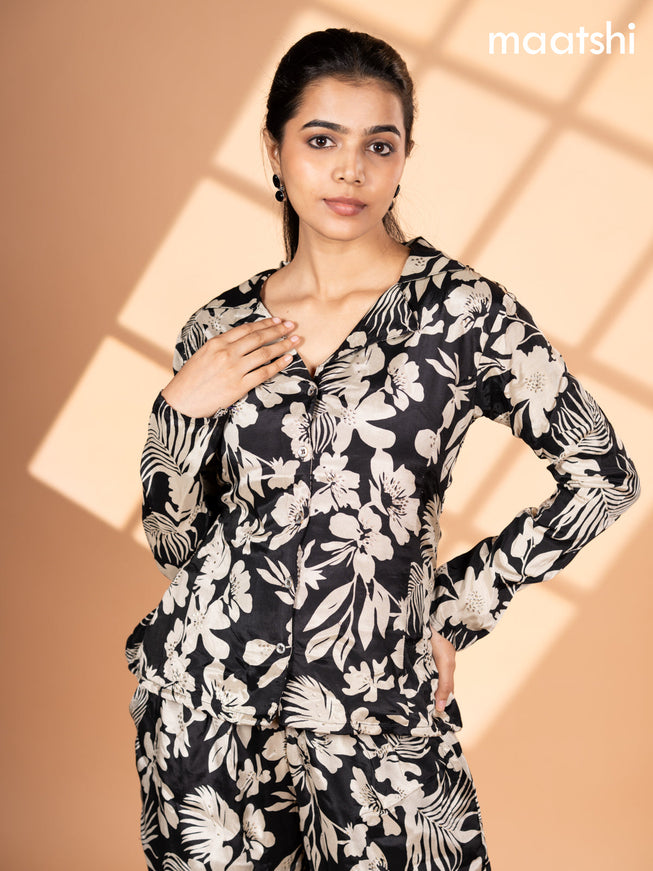 Crepe silk co-ord set black and cream with allover floral prints & collar neck pattern and semi palazzo pant