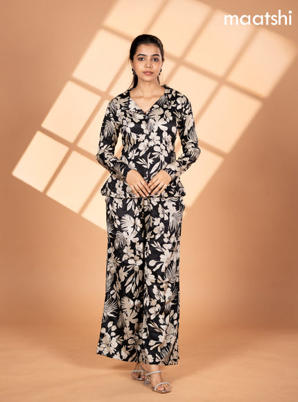 Crepe silk co-ord set black and cream with allover floral prints & collar neck pattern and semi palazzo pant