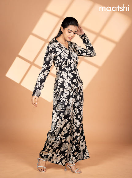 Crepe silk co-ord set black and cream with allover floral prints & collar neck pattern and semi palazzo pant