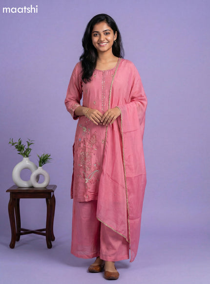 Peach Pink Chinon Silk Embroidery Work Straight Suit