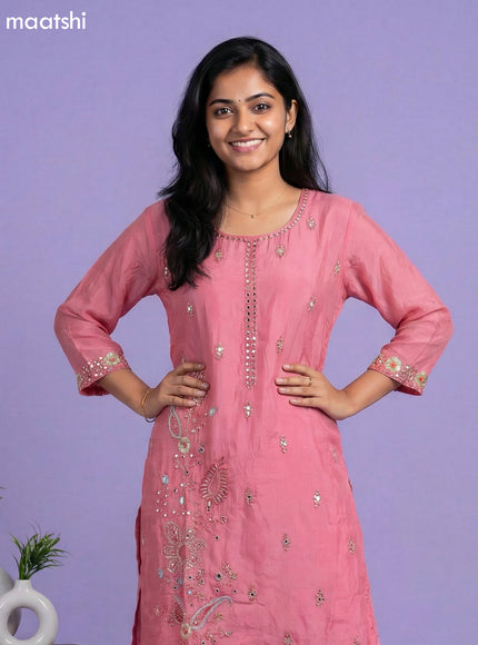 Peach Pink Chinon Silk Embroidery Work Straight Suit