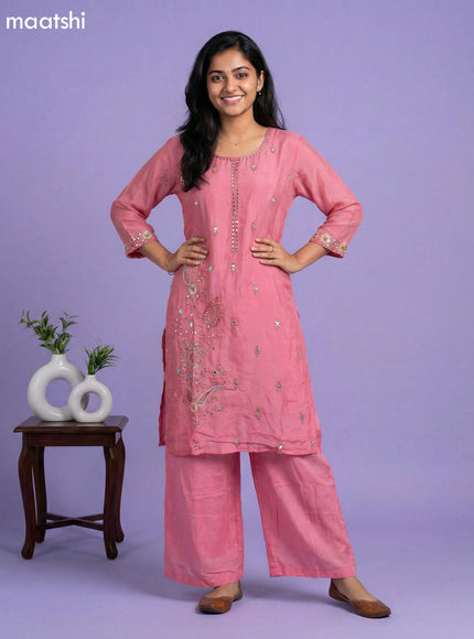 Peach Pink Chinon Silk Embroidery Work Straight Suit