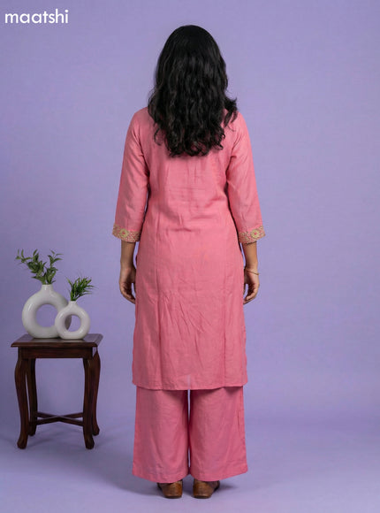 Peach Pink Chinon Silk Embroidery Work Straight Suit