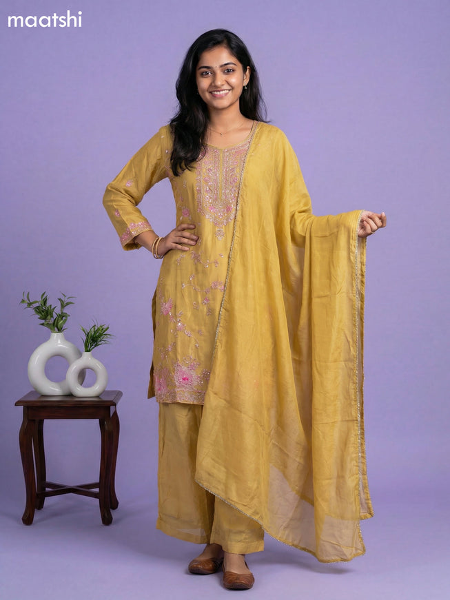 Mustard Yellow Chinon Silk Embroidery Work Straight Suit