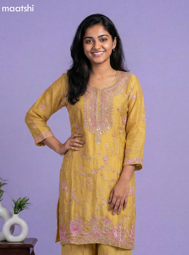 Mustard Yellow Chinon Silk Embroidery Work Straight Suit