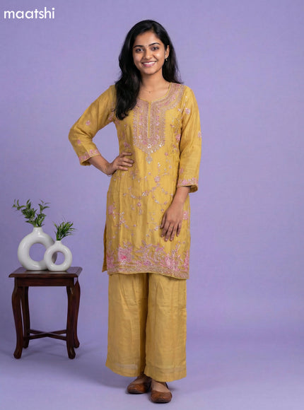 Mustard Yellow Chinon Silk Embroidery Work Straight Suit