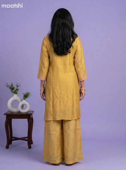 Mustard Yellow Chinon Silk Embroidery Work Straight Suit