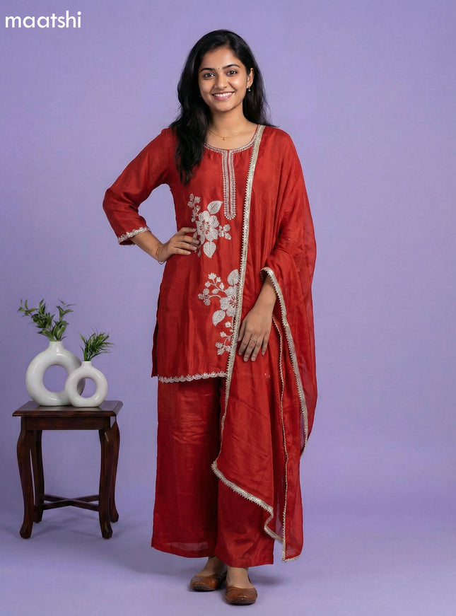 Dark Rust Chinnon Silk Embroidery Work Short Straight Suit
