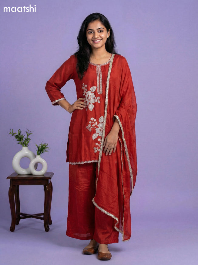 Dark Rust Chinnon Silk Embroidery Work Short Straight Suit
