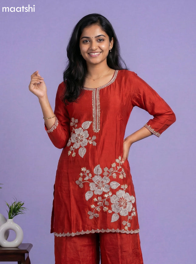 Dark Rust Chinnon Silk Embroidery Work Short Straight Suit