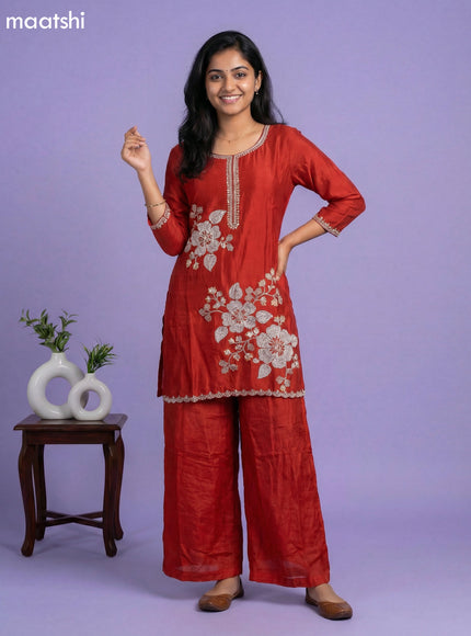 Dark Rust Chinnon Silk Embroidery Work Short Straight Suit