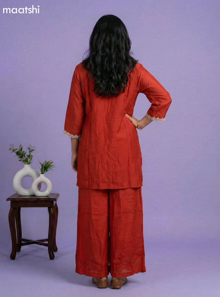 Dark Rust Chinnon Silk Embroidery Work Short Straight Suit