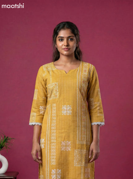 Mustard Yellow Art Silk Simple Embroidery Work Straight Suit
