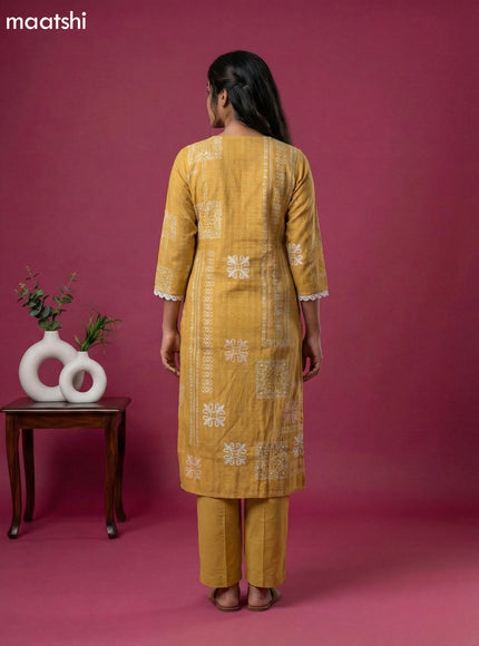 Mustard Yellow Art Silk Simple Embroidery Work Straight Suit