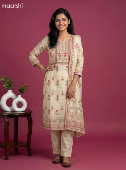 Pastel Yellow Chanderi Embroidery Work Straight Suit
