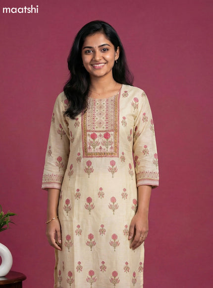 Pastel Yellow Chanderi Embroidery Work Straight Suit