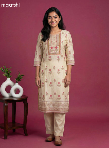 Pastel Yellow Chanderi Embroidery Work Straight Suit