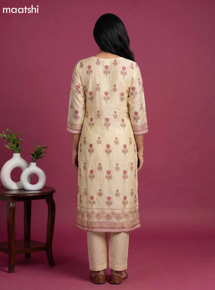 Pastel Yellow Chanderi Embroidery Work Straight Suit