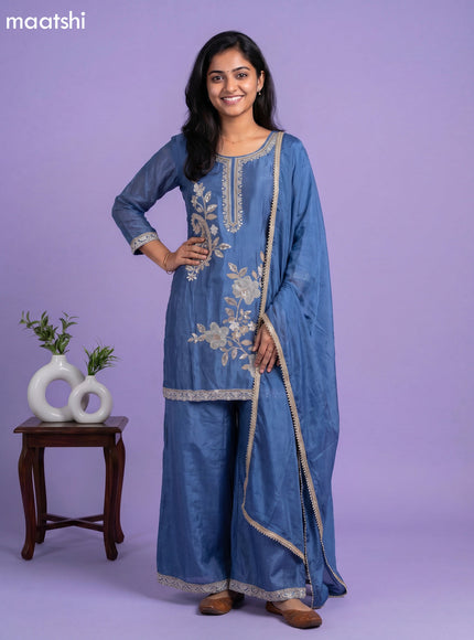Greyish Blue Chinnon Silk Embroidery Work Short Straight Suit