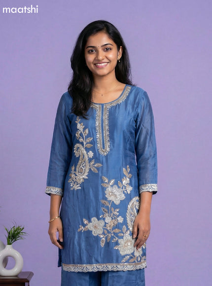 Greyish Blue Chinnon Silk Embroidery Work Short Straight Suit