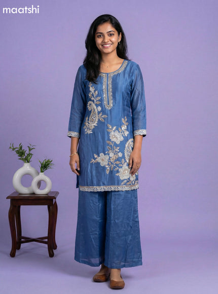 Greyish Blue Chinnon Silk Embroidery Work Short Straight Suit