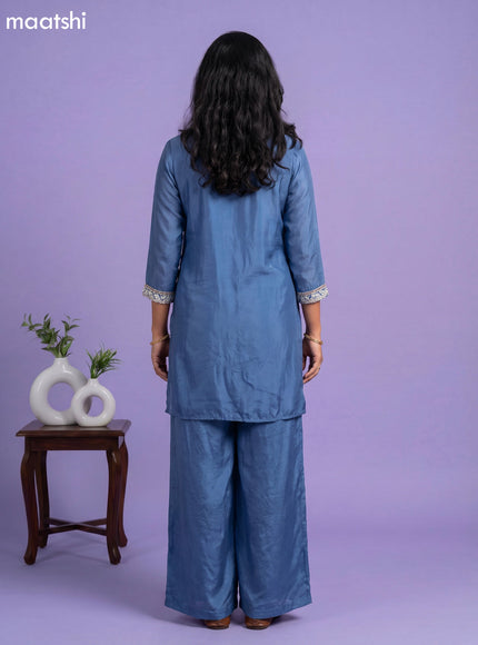 Greyish Blue Chinnon Silk Embroidery Work Short Straight Suit