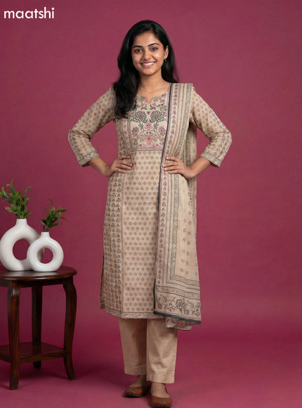 Cream Linen Silk Printed Straight Suit