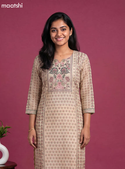 Cream Linen Silk Printed Straight Suit