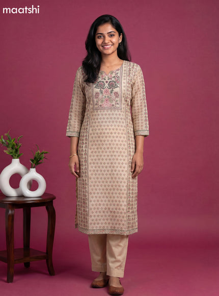 Cream Linen Silk Printed Straight Suit